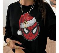 Shein Sudadera de cuello redondo con forro polar cálido para mujer, con estampado gráfico de Spiderman navideño, de corte holgado y estilo casual para otoño