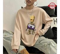 Shein Sudadera de cuello redondo de color sólido de gran tamaño para mujer, estampado de dibujos animados de Groot sosteniendo una cinta, top de algodón par