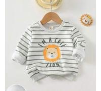Shein Sudadera de cuello redondo de manga larga con estampado de rayas y animales de dibujos animados para bebé niño, ropa de bebé niño con diseño de león,