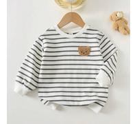 Shein Sudadera de cuello redondo de manga larga con gráfico de oso de dibujos animados a rayas en blanco y negro gris, adecuada para uso en interiores, casu