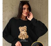 Shein Sudadera de cuello redondo de polar con estampado de osito de peluche para mujer, 1 pieza, jersey con estampado de mamá osa y bebé oso, top cálido y c