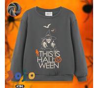 Shein Sudadera de cuello redondo gráfica casual y cómoda con tema de Halloween, estampado de bruja fea y eslogan "This Is Halloween", para niños y niñas, de