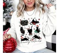 Shein Sudadera de cuello redondo para mujer con estampado de gato y elementos navideños, de manga larga