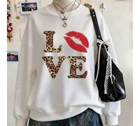 Shein Sudadera de cuello redondo para mujer con estampado de leopardo y letras LOVE con un estampado de labios de beso rojo, ideal para uso casual en vacaci