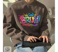 Shein Sudadera de hombre con hombros caÃdos, top de algodón marrón, top con estampado romántico de ParÃs, sudadera holgada de gran tamaño con cuello r