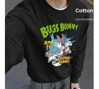 Shein Sudadera de hombre con hombros caídos, parte superior de algodón, estampado de Bugs Bunny, sudadera holgada de cuello redondo negra de gran tamaño par