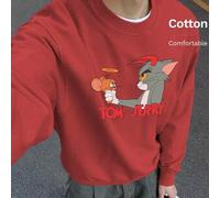 Shein Sudadera de hombre con hombros caídos, parte superior de algodón, estampado de Tom y Jerry, sudadera holgada de cuello redondo roja de gran tamaño par