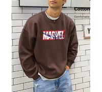 Shein Sudadera de hombre con hombros caídos, parte superior de algodón marrón, estampado de Spider-Man de Marvel, sudadera holgada de cuello redondo y talla