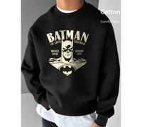Shein Sudadera de hombre con hombros caídos, parte superior de algodón, sudadera con estampado de Batman, sudadera negra holgada de gran tamaño con cuello r
