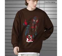 Shein Sudadera de hombre con hombros caídos, parte superior de algodón, sudadera con estampado de Spider-Man, sudadera holgada de cuello redondo marrón de g