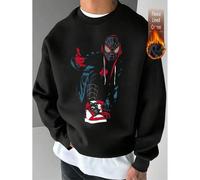 Shein Sudadera de hombre con hombros caídos, parte superior de algodón, sudadera con estampado de Spider-Man, sudadera holgada de cuello redondo negra de gr