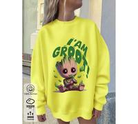 Shein Sudadera de mujer con hombros caídos, blusa 100% algodón, con estampado lindo de Gru, corte holgado de cuello redondo, sudadera oversize amarilla para