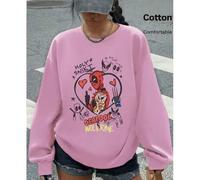 Shein Sudadera de mujer con hombros caídos, top 100% algodón, mejor dúo de Marvel Deadpool y estampado gráfico, ajuste holgado oversize cuello redondo rosa,