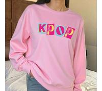 Shein Sudadera de mujer con hombros caídos, top de algodón, sudadera con forro polar con tema de ola coreana "K-POP" en bloques de color, sudadera holgada d