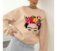 Shein Sudadera de mujer Frida con tocado floral, sudadera de algodón con hombros caídos, otoño/invierno, tejido grueso, retención de calor, forro polar, sud