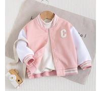 Shein Sudadera de niña bebé para otoño/invierno con cuello de béisbol de color contrastante y bordado de letras, parche, versátil, chaqueta forrada térmicam