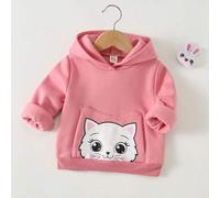 Shein Sudadera de punto suave de manga larga con bolsillo y estampado de gato de dibujos animados rosa para bebé niña, otoño/invierno