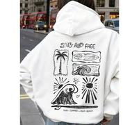 Shein Sudadera fina de mujer para otoño con estampado de palmera, ola, sol y tabla de surf, texto SURF-SUMMER, blanca, holgada, manga larga, estilo Y2K