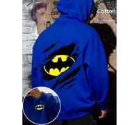 Shein Sudadera gráfica de algodón de Bat-Man para hombres, sudadera con capucha de corte holgado y caída de hombros en color negro, tela gruesa y cálida par