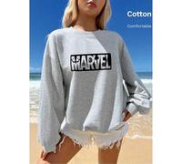 Shein Sudadera gris con estampado floral de Marvel para mujer, hombros caídos, parte superior de algodón, con el logotipo de los héroes de Marvel, cuello re