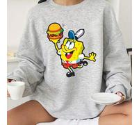 Shein Sudadera gris de algodón con cuello redondo y forro polar de Bob Esponja. Presenta un divertido estampado frontal de Bob Esponja sosteniendo una hambu