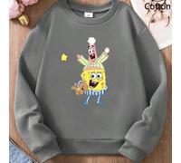 Shein Sudadera gris lisa de manga larga para niña. Presenta a Bob Esponja y Patricio en pijama, con Bob Esponja abrazando a un osito de peluche. Cálida y re