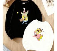 Shein Sudadera gris lisa de manga larga y corte holgado para niñas, con estampado de Bob Esponja y Patricio Estrella. Bob Esponja aparece abrazando un osito