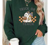 Shein Sudadera gruesa de manga larga para mujer, estilo otoño/invierno 2025, temática de Halloween, con estampado de truco o enseñanza, estilo informal, cor
