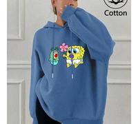 Shein Sudadera holgada con capucha azul vaquero versátil y cuello redondo para mujer. ¡Una adorable colaboración entre Bob Esponja y Don Cangrejo! El bebé B