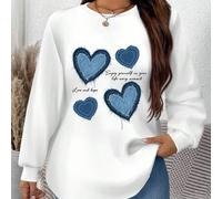 Shein Sudadera holgada con forro térmico, estampado de corazones azul, bajo curvo, talla grande, adecuada para otoño/invierno, manga larga para mujer