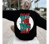 Shein Sudadera holgada de felpa para mujer "Hazlo por ti misma" en una sudadera negra con fondo blanco circular y texto rojo y azul, con palmeras y cielo de