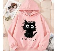 Shein Sudadera holgada de manga larga con estampado de gato negro, estilo callejero adolescente, con un patrón de pintura interesante, sudadera básica de mu