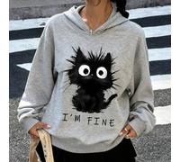 Shein Sudadera holgada de manga larga con estampado de gato negro, estilo callejero adolescente, con un patrón de pintura interesante, sudadera de mujer de