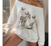 Shein Sudadera holgada de manga larga con hombros descubiertos y estampado de ciervo para mujer, estilo soft girl/pure girl, top casual para otoño, adecuada