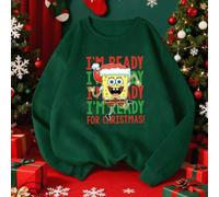 Shein Sudadera holgada de manga larga de gran tamaño para mujer para otoño/invierno y Navidad. Presenta a Bob Esponja con un gorro de Papá Noel y saltando,