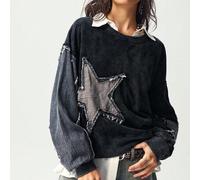 Shein Sudadera holgada de mujer de cuello redondo, lavada, de unicolor y patchwork, en estilo boho, country, festival de música y Halloween