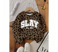 Shein Sudadera informal con estampado de leopardo y gráfico "Slay All Day", sudadera con capucha de cuello redondo oversize para niñas, adecuada para otoño/