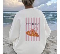 Shein Sudadera informal de algodón para mujer, estilo primavera y otoño de 2025, con estampado "C'est La Vie", diseño de patrón de croissant, corte holgado,