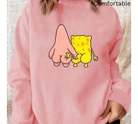 Shein Sudadera informal extragrande rosa de manga larga para mujer. Esta adorable sudadera rosa presenta a Bob Esponja y Patricio tomados de la mano, un tie