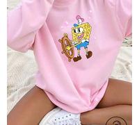 Shein Sudadera informal extragrande rosa de manga larga para mujer. Esta adorable sudadera rosa presenta a Bob Esponja sosteniendo un timón rodeado de burb