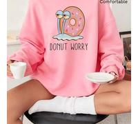 Shein Sudadera informal oversize rosa de manga larga para mujer. Esta sudadera rosa es adorable, con un simpático caracol de Bob Esponja y la frase "DONUT W