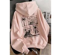 Shein Sudadera ligera de otoño para mujer con estampado de palmera, ola, sol y tabla de surf, texto SURF-SUMMER, blanca, holgada, manga larga, estilo Y2K