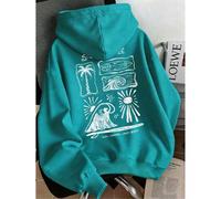 Shein Sudadera ligera de otoño para mujer con estampado de palmera, ola, sol y tabla de surf, texto SURF-SUMMER, blanca, holgada, manga larga, estilo Y2K