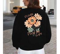 Shein Sudadera negra con capucha, hombros caídos, cuello redondo y corte holgado para mujer, con estampado floral romántico y delicado (otoño/invierno 2025)