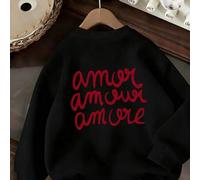 Shein Sudadera negra con capucha para mujer con estampado de la letra "Amour" en rojo, una prenda cómoda para otoño/invierno. (El resto del texto parece ser