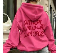 Shein Sudadera negra con capucha para mujer con estampado de la letra "Amour" en rojo, una prenda cómoda para otoño/invierno. (El resto del texto parece ser