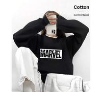 Shein Sudadera negra de algodón con hombros caídos para mujer, marca compartida de Marvel, con estampado del logotipo de Marvel Heroes, cuello redondo, holg
