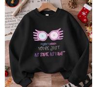 Shein Sudadera negra de algodón con hombros caídos para niña preadolescente, sudadera con capucha informal y gráfico del personaje de Harry Potter Luna Love