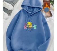 Shein Sudadera negra de otoño/invierno con capucha, cordón y manga larga acanalada. Presenta una imagen vibrante de Bob Esponja estampada en la parte delant