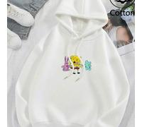 Shein Sudadera negra de otoño/invierno con capucha, cordón y manga larga acanalada. Presenta una imagen vibrante de Bob Esponja estampada en la parte delant